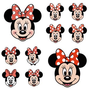 Puede incluir: Una colección de ocho ilustraciones gráficas de caras de Minnie Mouse, cada una con una cabeza negra con grandes orejas redondas, un lazo rojo con lunares blancos y una expresión sonriente. Los personajes están dispuestos en varios tamaños.