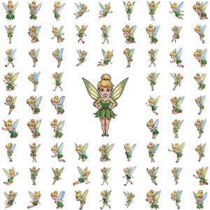 Puede incluir: Una colección de ilustraciones de pequeñas hadas con una figura central más grande rodeada de numerosas poses más pequeñas. Cada personaje tiene el cabello rubio recogido en un moño, alas translúcidas y un vestido verde con detalles en forma de hojas.