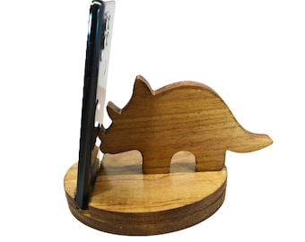 Triceratops Dinosaur Cell Phone Holder: Handmade Wooden Tablet Stand