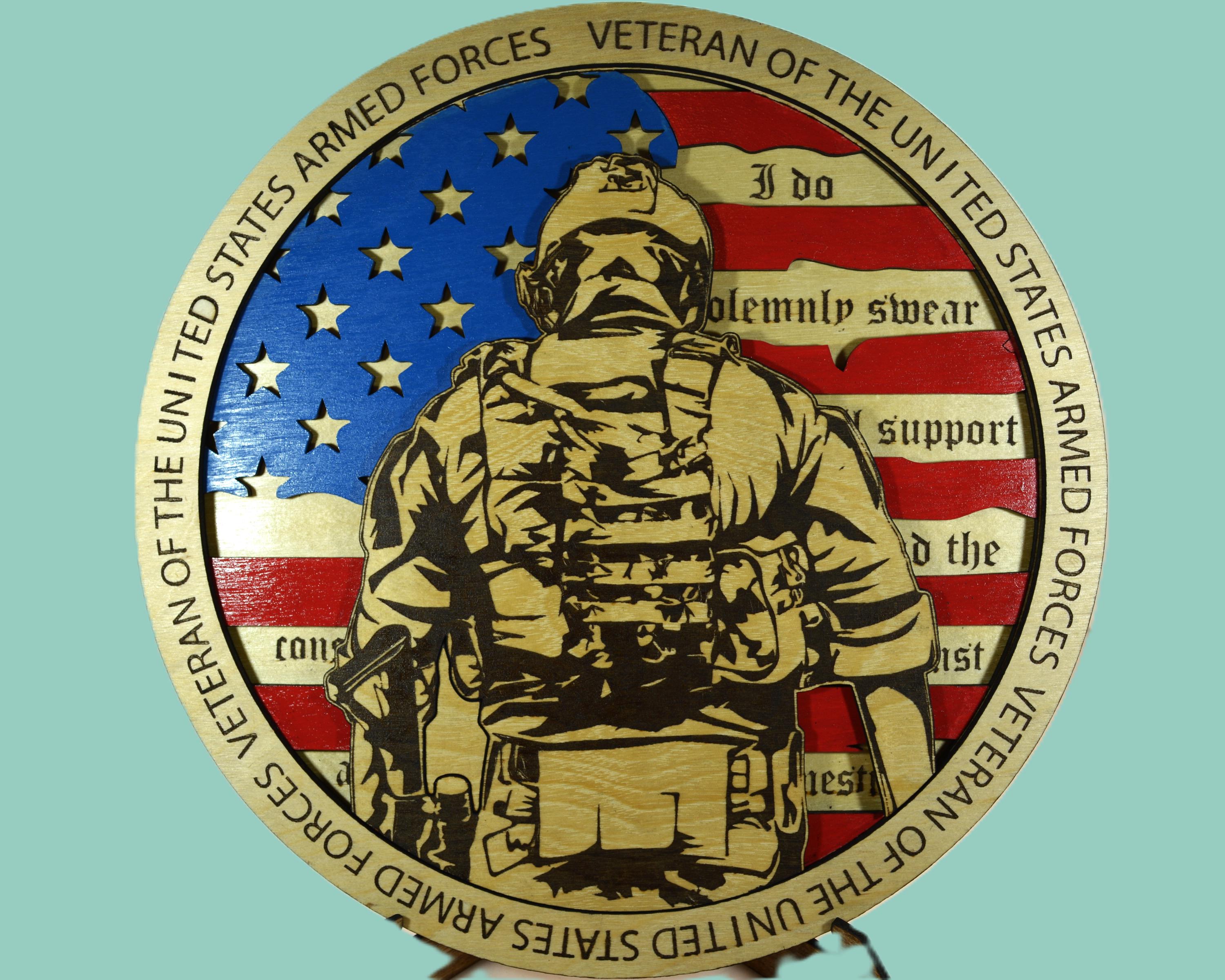 A Veteran's story!  Hand Painted, Laser Cut Dimensional Medallion, Layered Design, Wall Decor, Military Gift, Hand Crafted in the USA