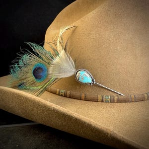 Peacock Feather & Turquoise Cowboy Toothpick - Cowboy Hat Pin - blue