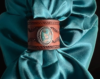 Leather & Turquoise Wild rag scarf Slide *Round