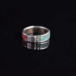 Natural Turquoise &  Coral , Sterling Silver inlay ring