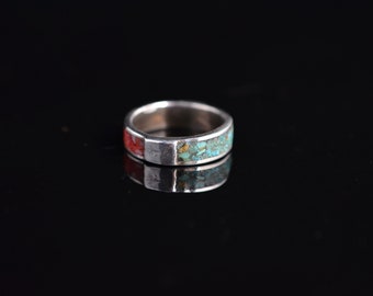 Natural Turquoise &  Coral , Sterling Silver inlay ring