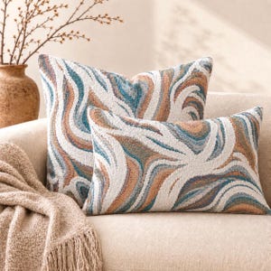 Capa de almofada abstrata com capitonê, almofada decorativa tecida em tons de azul, ferrugem e creme, capa de almofada boho.