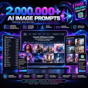 May include: A digital display featuring 2,000,000+ AI image prompts and 300,000+ ChatGPT prompts. The interface shows a laptop, tablet, and smartphone screens with various categories, prompt examples, and neon blue and purple lighting effects.
