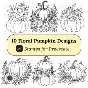 May include: A collection of black and white line art illustrations featuring pumpkins adorned with various floral arrangements. A central yellow banner displays the text 10 Floral Pumpkin Designs and Stamps for Procreate.