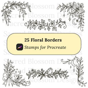 May include: A collection of black line art floral border illustrations featuring butterflies, birds, bows, and celestial elements. A central yellow rectangular label displays the text 25 Floral Borders Stamps for Procreate.