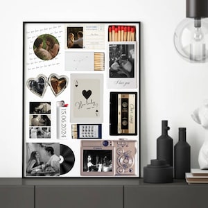 May include: A collage print featuring various personal items including a heart-shaped locket, a cassette tape labeled Our song, a Canon digital camera, a postcard, matchboxes, a lighter with 15.06.2024, and multiple black and white photographs.