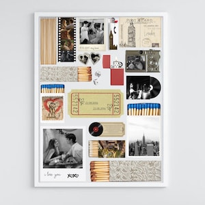 Peut inclure: Un collage composé d'objets d'inspiration vintage incluant des boîtes d'allumettes à motifs floraux, un briquet rouge, une pellicule photo, une carte postale de Londres, un appareil photo, un disque vinyle, un ticket daté du 22.05.2016 et des photos noir et blanc.