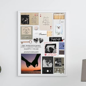 Peut inclure: Un cadre pêle-mêle présentant une collection de souvenirs incluant une carte postale, une carte à jouer avec du texte, des boîtes d'allumettes marquées Hawaii et Coco, une clé en métal, un médaillon en cœur, un journal et un appareil photo.