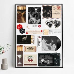May include: A collage poster featuring black and white photographs of couples, a heart-shaped locket, matchboxes, a vintage cinema ticket, a vinyl record, a digital camera displaying a photo, and a postcard with the text Paris September 2022.