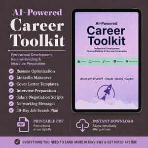 May include: A digital tablet displays the AI-Powered Career Toolkit, featuring sections for resume building and interview preparation. The screen lists compatibility with ChatGPT, Claude, Gemini, and Copilot, alongside a rocket ship graphic.