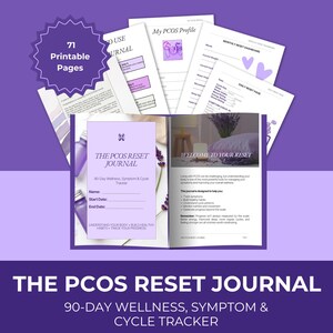 May include: A 71-page printable PCOS Reset Journal featuring a 90-day wellness, symptom, and cycle tracker. The journal includes pages for a monthly reset dashboard, daily reset logs, and a PCOS profile, all presented in a purple color scheme.