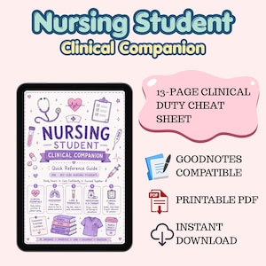 Può includere: Un tablet digitale mostra una guida Nursing Student Clinical Companion con icone mediche viola e rosa, tra cui uno stetoscopio, un cuore e una cartellina. Il testo include 13-PAGE CLINICAL DUTY CHEAT SHEET, GOODNOTES COMPATIBLE, PRINTABLE PDF e INSTANT DOWNLOAD.