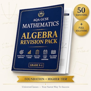 Op de afbeelding: Een donkerblauw AQA GCSE Mathematics Algebra Revision Pack werkboek met gouden tekst en accenten. De omslag bevat de titel, Grade 9-1, en iconen voor examenvragen, onderwerp-trackers en volledige uitwerkingen van de opgaven.