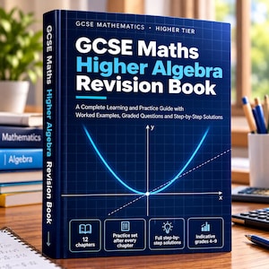 Może przedstawiać: Ciemnoniebieski podręcznik do powtórek z algebry GCSE Mathematics Higher Tier z białym tłem w kratkę i świecącym jasnoniebieskim wykresem paraboli. Okładka zawiera informacje o 12 rozdziałach, zestawach ćwiczeń i rozwiązaniach.