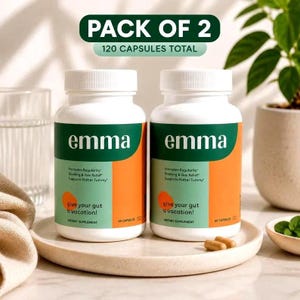 May include: Two white plastic bottles of Emma dietary supplement capsules. Each label features a green and orange color block design with the text 'emma', 'Promotes Regularity', 'Bloating & Gas Relief', 'Supports Flatter Tummy', and 'give your gut a vacation!'.