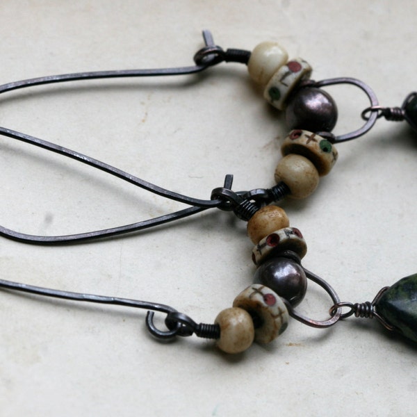 SALE-Nepali earrings-rustic, long ear wires, elongate, stone, assemblage, gipsy, tribal, Nepal beads, bone,green
