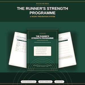 Puede incluir: Un documento PDF digital de 29 páginas titulado The Runner's Strength Programme & Injury Prevention System. La portada es de color verde oscuro con texto blanco, e incluye un plan de fuerza, protocolos de prevención y un rastreador.