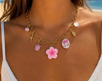 Gold or silver summer charm necklace – Nautical charm necklace with seashell, starfish and mother-of-pearl – Pink women's jewelry