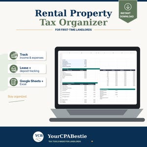 Rental Property Tax Organizer, Schedule E Spreadsheet for First-Time Landlords, Rental Income and Expense Tracker, CPA Tax Prep Template
