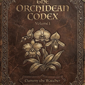 Pode incluir: Uma capa de livro com textura de couro castanho intitulada The Orchidean Codex Volume 1 com uma ilustração central de orquídea dourada em relevo e o texto Oammy the Watcher na parte inferior. A capa apresenta cantos de metal dourado.