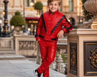 Thriller Michael Jackson Red Leather Kids Jacket & Pant Costume, 1980s Pop Star Outfit