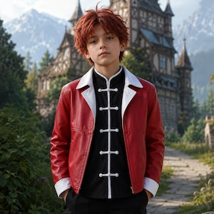 May include: A red jacket with a white collar and white cuffs worn over a black shirt featuring a high mandarin collar and white frog closures. The jacket has a smooth texture and long sleeves, paired with black trousers in a neutral setting.