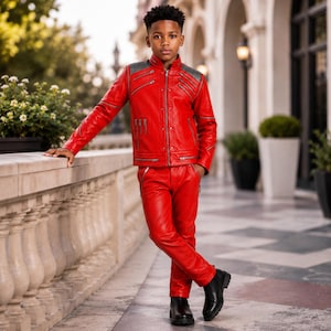 Beat It Michael Jackson Red Leather Kids Jacket & Pant Set, 80s Pop Star Costume