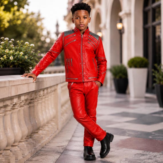 Beat It Michael Jackson Red Leather Kids Jacket & Pant Set, 80s