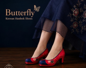 Butterfly Korean Hanbok Shoes, Red Navy Traditional Wedding Heels, Embroidered 7 cm Bridal Shoes