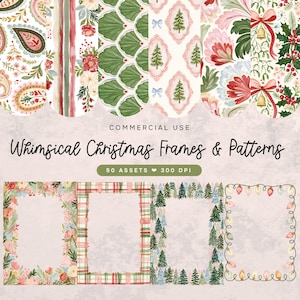 May include: A digital collection of Christmas-themed graphic assets featuring various patterns and rectangular frames. Patterns include paisley, floral, scalloped, and holiday motifs. Frames feature floral, plaid, pine tree, and light bulb designs.