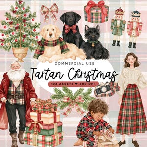 May include: A digital collection of watercolour Christmas illustrations featuring a decorated tree, a golden retriever, a black labrador, a terrier, nutcrackers, Santa Claus, a child in plaid pyjamas, gifts, and a person in a tartan skirt.