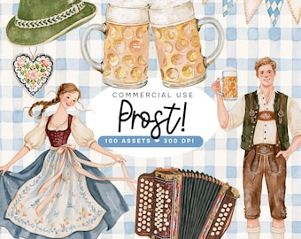 Oktoberfest Watercolor Clipart Bundle, Bavarian Beer Stein Pretzel Graphics (Digital Download)