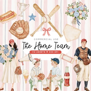 Può includere: Una collezione digitale di illustrazioni ad acquerello a tema baseball con due mazze di legno, una palla, un guantone, un trofeo, un hot dog, un bouquet, una base, un megafono, un biglietto, una bottiglia di soda e due bambini in divisa.