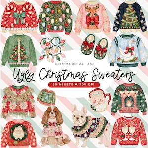 Puede incluir: Una colección de ilustraciones digitales con varios suéteres, pantuflas y animales con temática navideña. El texto dice Commercial Use Ugly Christmas Sweaters 59 Assets 300 DPI. Los diseños incluyen patrones festivos, árboles de Navidad, luces y animales.