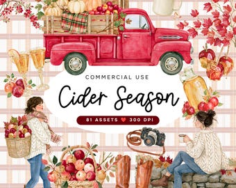 May include: A digital illustration featuring a red vintage truck carrying crates of apples and pumpkins, surrounded by autumn foliage, baskets of apples, a camera, brown leather boots, and two people in sweaters with the text Cider Season.