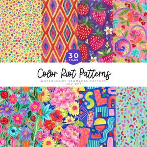 May include: A digital collection of 30 Color Riot Patterns featuring watercolor seamless designs including small wildflowers, red diamonds, strawberries, pink floral swirls, garden flowers, peonies, abstract shapes, and confetti.