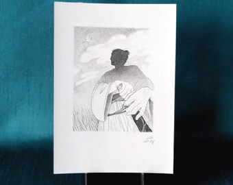 Illustration originale Nami-e - fusain et graphite - A4
