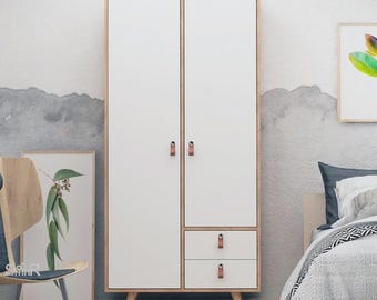 Esmob Musso 2-Door Wardrobe with 2 Drawers, Modern Oak and White Armoire, Wooden Bedroom Closet, Storage Cabinet with Shelves