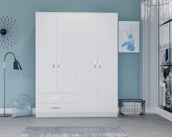 Armario de 4 puertas con 2 cajones, 120 cm, armario de madera para ropa, moderno organizador de dormitorio, armario de almacenamiento desmontable, Metalia Novado