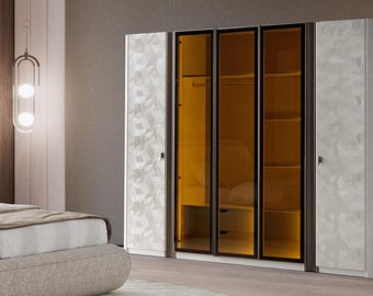 6 Door Wardrobe with LED Lights, Large Wooden Armoire with Reflected Glass Doors, Luxury Bedroom Clothing Storage Cabinet, Canan Closet