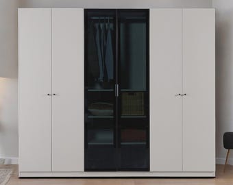Modern 6-Door Wardrobe with Glass Doors, Large Wooden Closet Organizer, Luxury Bedroom Armoire, Demountable Clothing Storage Cabinet, Solina