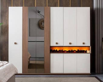 Sema Moderner 6-Türer Schlafzimmer Kleiderschrank 260 cm | Großer Kleider Organizer mit Kamin, Spiegeltüren, Regalen & Kleiderstangen