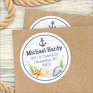Nautical Beach Address Labels | Round Seashore Envelope Seals, Custom Sea Shell Return Addressing Stickers