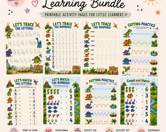 Lot de feuilles de travail sur les dinosaures pour les enfants d'âge préscolaire, Traçage de lettres, Traçage de chiffres, Activités de forme, Exercices de découpe, PDF imprimable