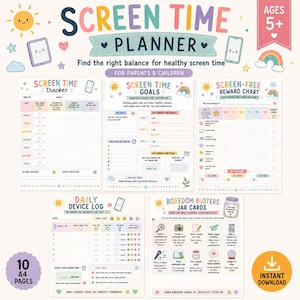 Paquete de control del tiempo frente a la pantalla para niños / Rastreador de tiempo frente a la pantalla, tabla de recompensas y reto sin pantallas