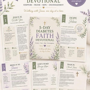 Puede incluir: Una descarga digital de un devocional de fe sobre la diabetes de 5 días con cinco páginas de escrituras, oraciones y aliento. El diseño incluye detalles florales en lavanda, una cruz central y el texto 5-DAY DIABETES FAITH DEVOTIONAL.