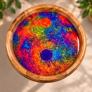 May include: A round wooden tray featuring a vibrant, multicolored inlay with a complex, circular pattern. The design displays a spectrum of red, orange, yellow, blue, and purple hues arranged in two interlocking, sun-like circular motifs.